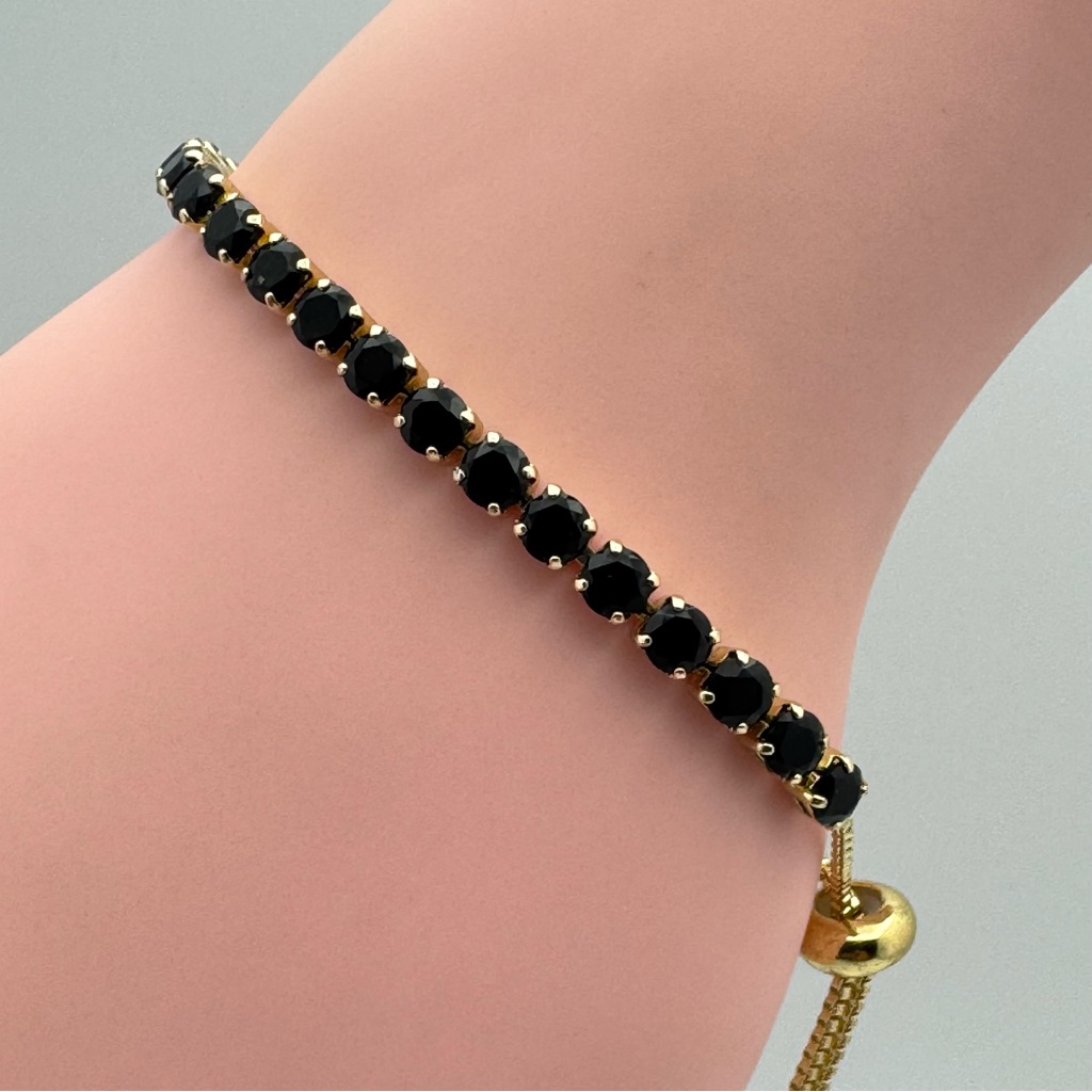 Gold Plated Black Cubic Zirconia Tennis Adjustable Slider Bracelet New